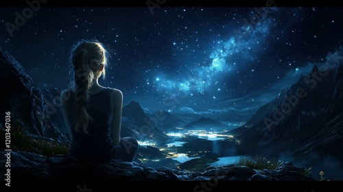 A serene night scene with a girl gazing at a starry sky.