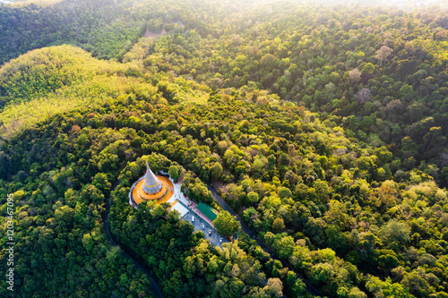 Aerial view landscape of Phra Maha Chedi Tripob Trimongkol (Stainless Pagoda) on Kho Hong mountain, Hatyai, Songkhla, Thailand. photo