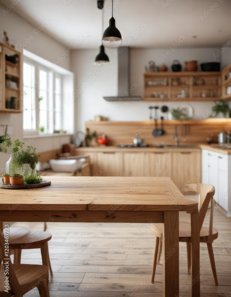 A large wooden table set against the backdrop of a blurred Scandinavian kitchen, blurred background, rustic wood A large wooden table set against the backdrop of a blurred Scandinavian kitchen, blurred background, rustic wood