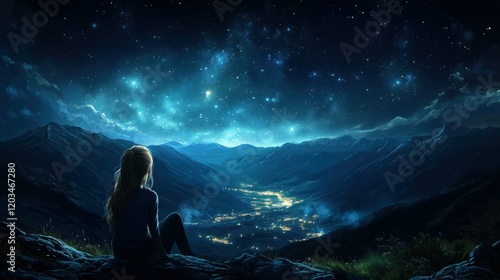 A serene night scene with a girl gazing at a starry sky.