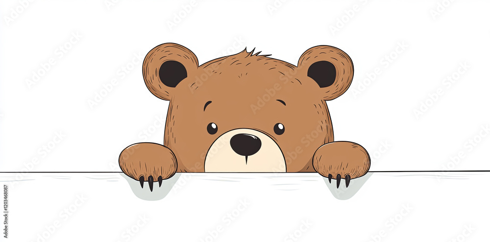 Fototapeta premium A cute bear peeks over the edge of a white background in a minimalist, kawaii style. The simple, clean lines and soft colors make it a playful and endearing illustration.