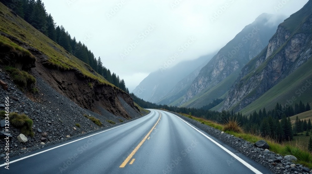 Naklejka premium Asphalt road winding through a mountain pass on a cloudy day