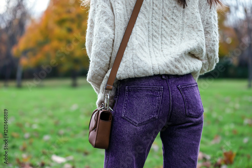 Casual but elegant outfit featuring baggy amethyst purple jeans and an oversized white sweater, accessorized with a small crossbody bag, park scenery. photo