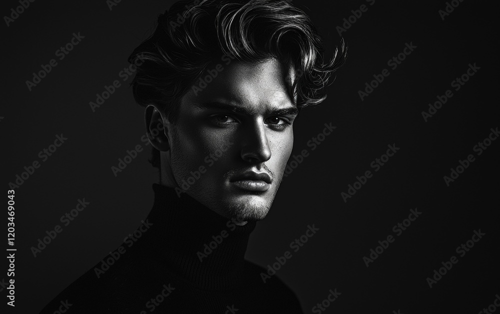 A mysterious man with a deep gaze and neatly styled hair, dressed in all black, against a dramatic cinematic shadow-lit backdrop A mysterious man with a deep gaze and neatly styled hair, dressed in all black, against a dramatic cinematic shadow-lit backdrop