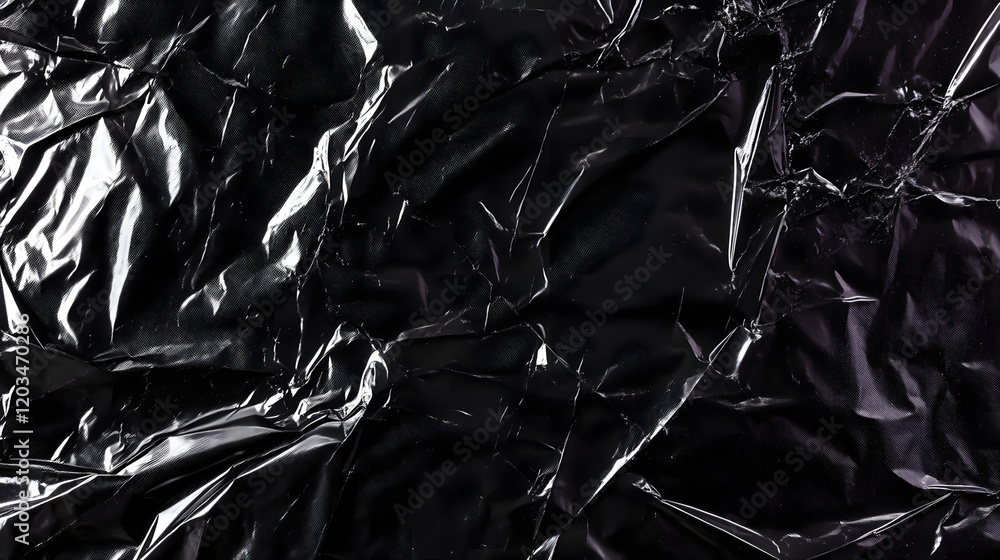 Wrinkled plastic wrap texture on a black background, featuring a close-up view of the folds and creases, emphasizing the contrast between the smooth plastic and the deep black backdrop.
Wrinkled plastic wrap texture on a black background, featuring a close-up view of the folds and creases, emphasizing the contrast between the smooth plastic and the deep black backdrop.
