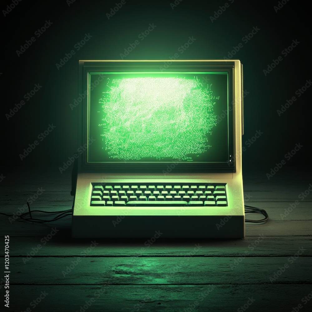 Glowing vintage computer in darkness