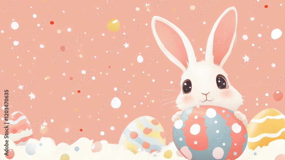 Cheerful Easter Bunny Surrounded by Party Decorations with Blank Space for Text