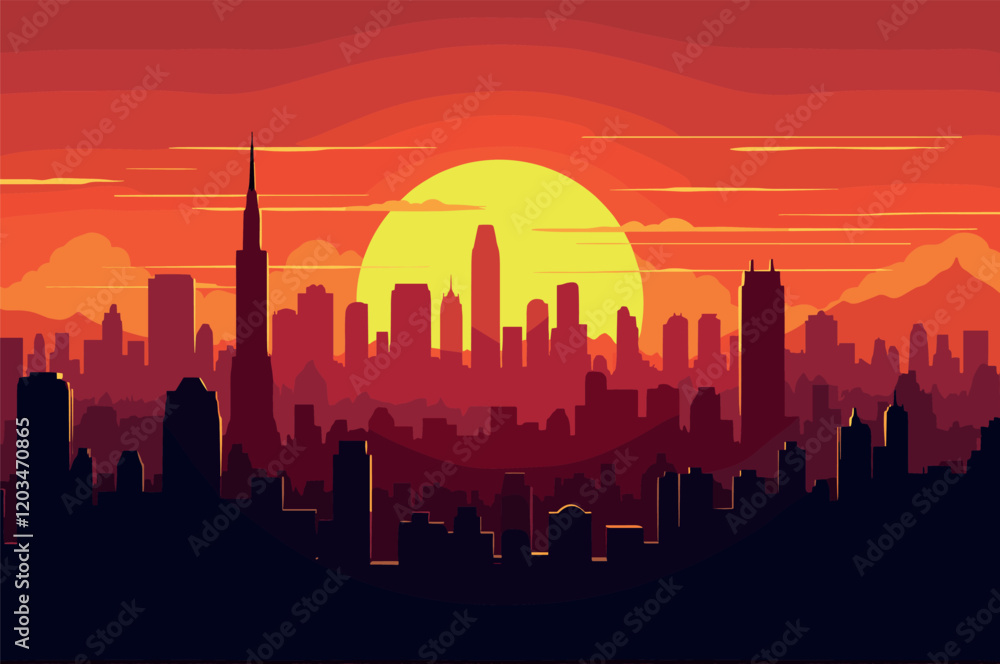 Fototapeta premium Vibrant Sunset Over Modern City Skyline