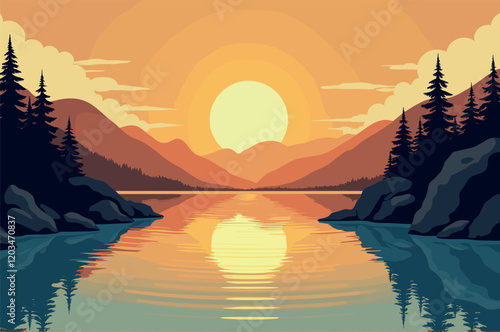 Sunset Over Mountain Lake with Pine Trees