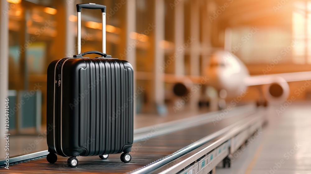 The black hard shell suitcase, with sleek silver accents, glided effortlessly on the conveyor belt towards the waiting airplane The black hard shell suitcase, with sleek silver accents, glided effortlessly on the conveyor belt towards the waiting airplane