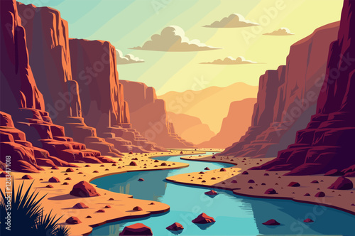 Desert Canyon with River at Sunset