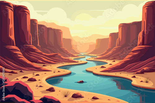 Desert Canyon with River at Sunset