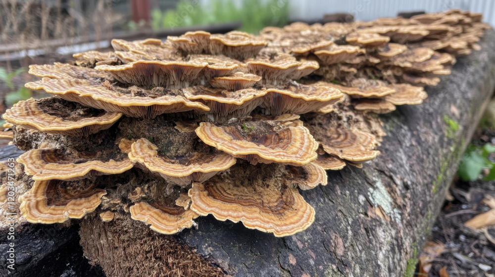 A close-up of a log adorned with layered brown mushrooms, showcasing their textures and patterns in a natural outdoor setting. A close-up of a log adorned with layered brown mushrooms, showcasing their textures and patterns in a natural outdoor setting.