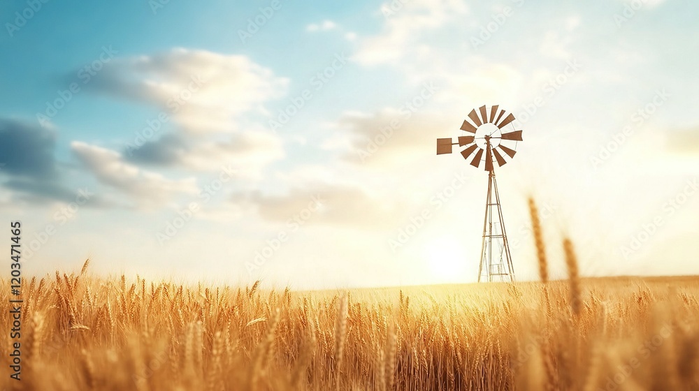 Tranquil Farmland Scene with Windmill Surrounded by Golden Wheat Fields