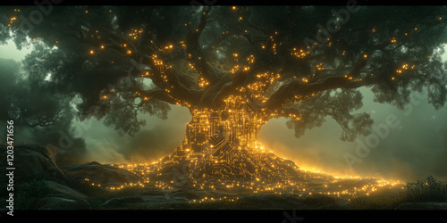 A ethereal tree crystallizing into circuit board in a misty dawn