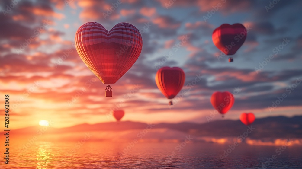 Fototapeta premium A whimsical scene of floating heart-shaped hot air balloons glowing in the sunset