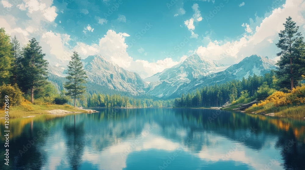 Serene mountain lake with an empty sky for copyspace, minimalist design Serene mountain lake with an empty sky for copyspace, minimalist design