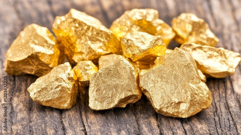 Golden Nuggets on Rustic Wooden Surface Golden Nuggets on Rustic Wooden Surface
