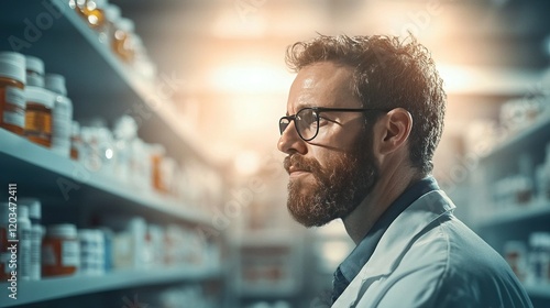 Pharmacist verifying medication label, emphasizing precision and clarity, in a well-lit contemporary pharmacy setting