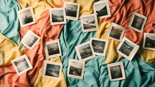 Obraz na płótnie Nostalgic Polaroid Memories, vibrant snapshots of 90s friendships scattered on a colorful bedsheet, capturing the essence of cherished moments w salonie