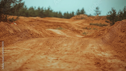 a lateral view of a dirt motocross track. the track should go from the right side of the screen to the left photo