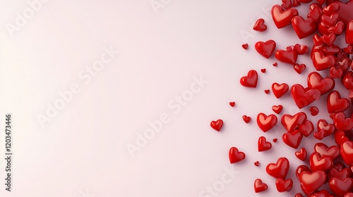 Red hearts softly cascade right creating romantic ambiance. AI Generated