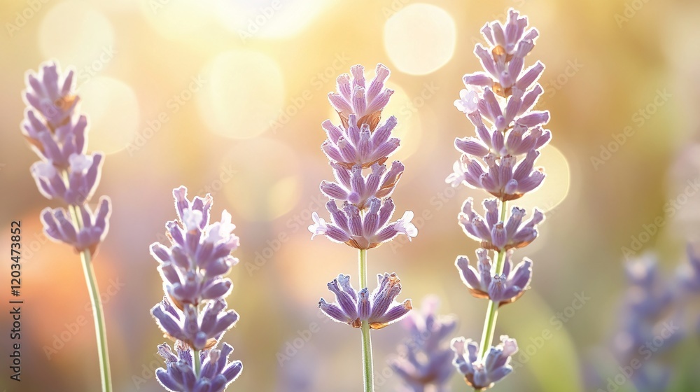 Naklejka premium Stunning Lavender Flowers in Soft Sunlight, Closeup Botanical Photography