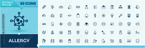 Set of Allergy line icons. Containing disease, food, medicine, antihistamine, allergen and more. Outline icon collections. Vector illustration in modern line style.