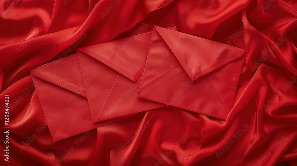 Red envelopes on silky fabric create luxurious and romantic atmosphere, perfect for special occasions or celebrations Red envelopes on silky fabric create luxurious and romantic atmosphere, perfect for special occasions or celebrations