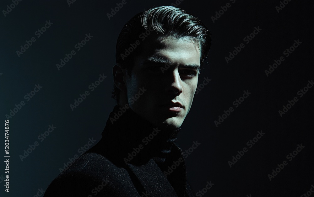A mysterious man with a deep gaze and neatly styled hair, dressed in all black, against a dramatic cinematic shadow-lit backdrop A mysterious man with a deep gaze and neatly styled hair, dressed in all black, against a dramatic cinematic shadow-lit backdrop