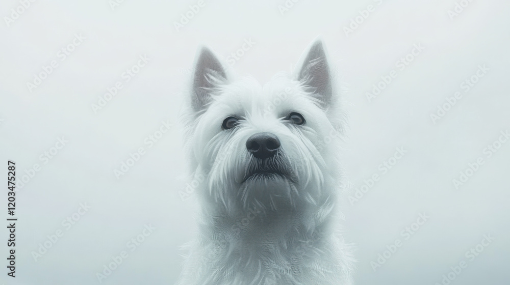 A graphic cut-out of a West Highland white terrier with perked ears and playful expression, smooth fur texture, minimalistic design with intricate fur patterns A graphic cut-out of a West Highland white terrier with perked ears and playful expression, smooth fur texture, minimalistic design with intricate fur patterns