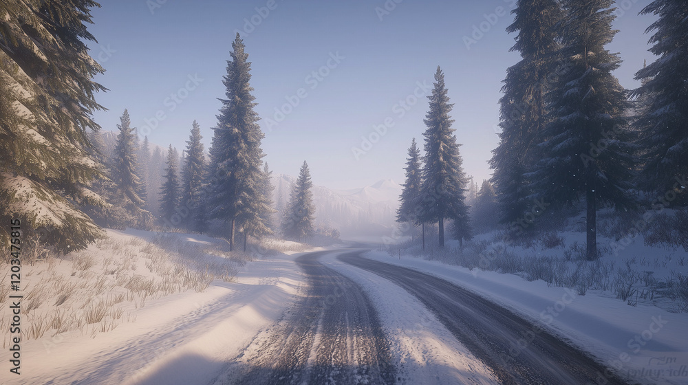 Obraz premium Snowy Winter Road in a Mountain Landscape