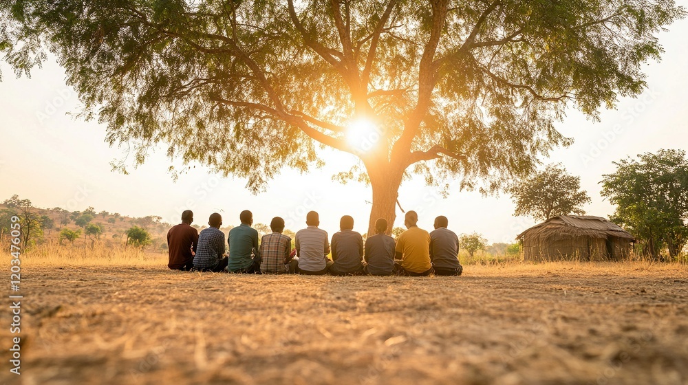 Rural adults engaged in literacy under a tree, vibrant cultural patterns, fostering community growth through education and collaboration