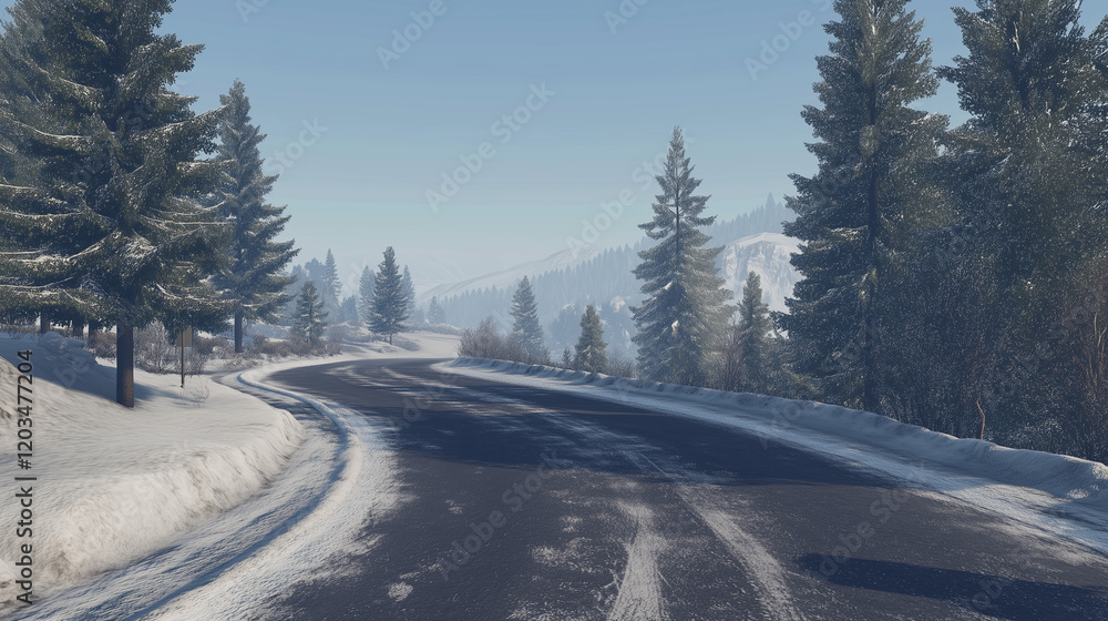 Obraz premium Snowy Winter Road in a Mountain Landscape