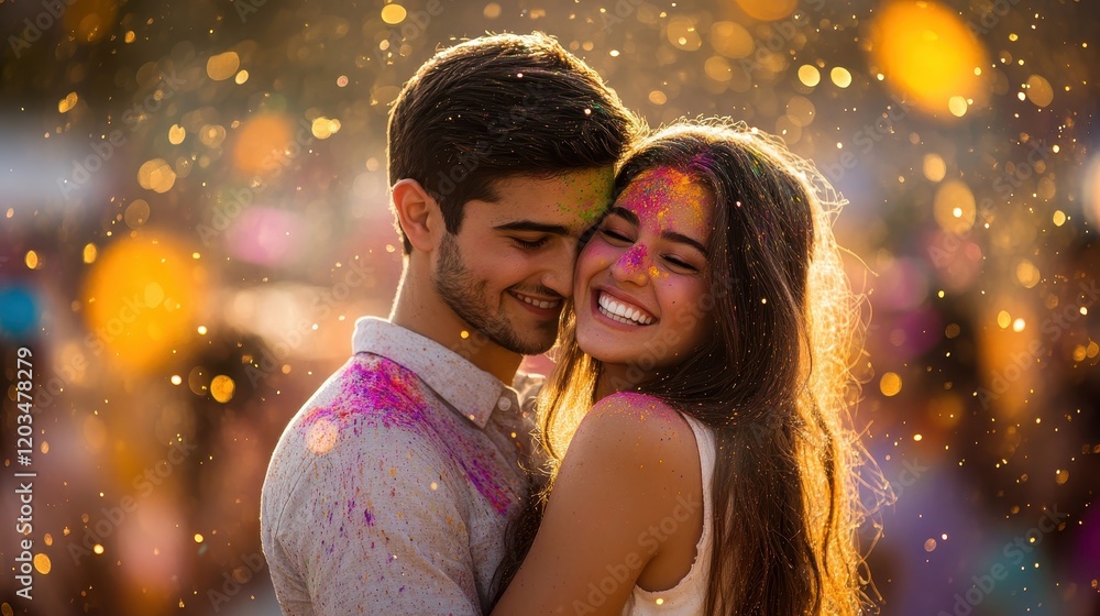 Joyful Couple Embracing in Colorful Celebration at Holi Festival Joyful Couple Embracing in Colorful Celebration at Holi Festival