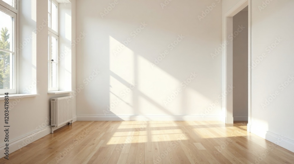 Obraz premium Sunlight Illuminates an Empty Room with Hardwood Floors and White Walls