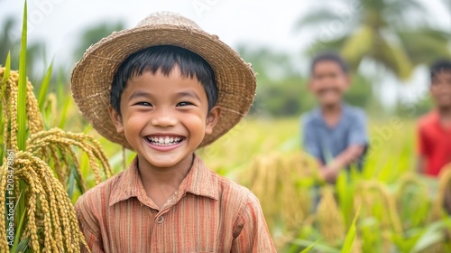 Young Boy Laughing Joyfully While Playing in Rice Field with Friends photo