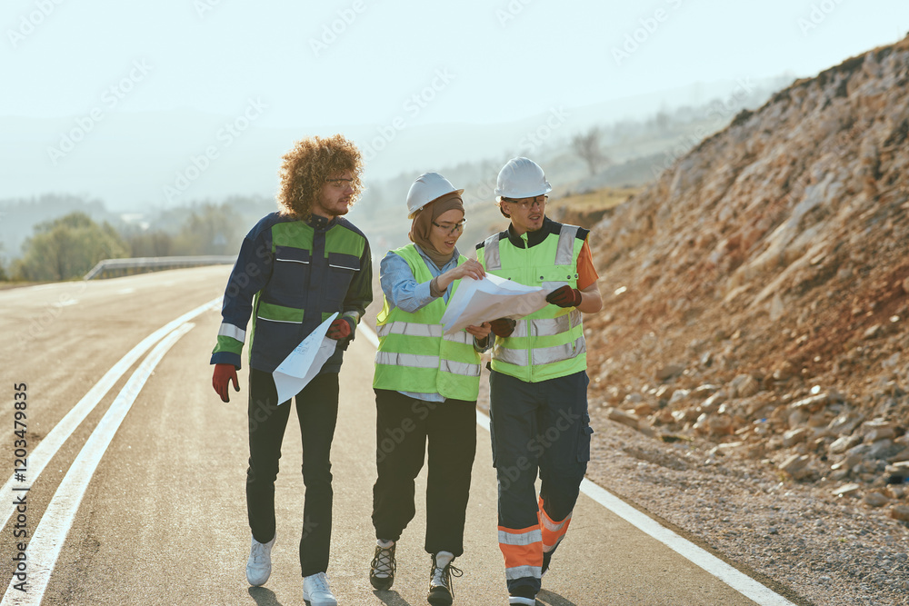 Obraz premium Three engineers, including a Muslim woman, walk together in the early morning, reviewing and analyzing wind turbine project plans while discussing innovative solutions on site.