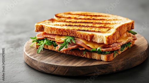 A grilled ham and cheese sandwich is presented alongside fresh greens, inviting anyone to enjoy a tasty and satisfying meal perfect for any time of the day. photo