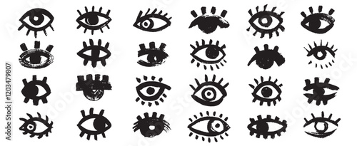 Bold brush eyes. Doodle eye icons, geometric simple mystic human eyeball brush abstract shapes, creative retro hand drawn brushstroke elements. Vector isolated set