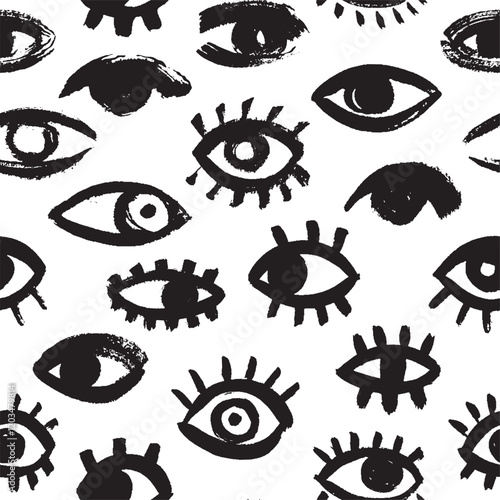 Brush eyes seamless pattern. Hand drawn eye, abstract doodle eyeball brushwork shapes, esoteric mystic ethnic modern texture. Vector wallpaper