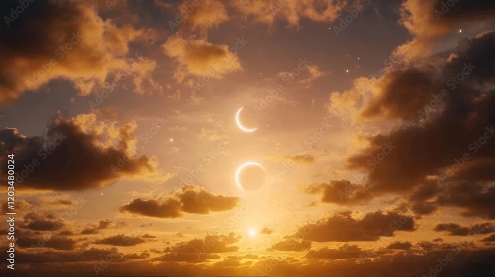 Golden Sunset Sky with Crescent and Annular Solar Eclipses Golden Sunset Sky with Crescent and Annular Solar Eclipses