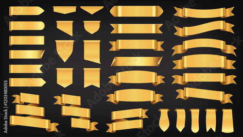 Golden ribbons. Premium quality vintage gold labels and badges, decorative luxury tape, scroll elements for greeting and invitation cards. Vector retro yellow banner, 3D tag collection