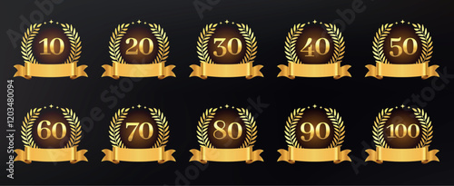 Golden anniversary sign. Celebrate 10, 20, 30, 40, 50, 60, 70, 80, 90, 100 years jubilee with gold laurel wreath and ribbon. Vector numbers set for birthday greeting card