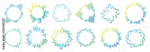 Music circle sound wave. Audio signal circular waveforms, voice and music spectrum round shapes, sound effect elements. Vector isolated set