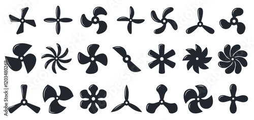 Boat propeller icons. Aircraft turbine rotor, ship marine engine screw, industrial ventilation blower, nautical aviation silhouette symbols. Vector isolated set