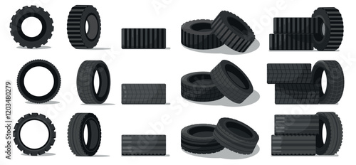 Rubber tires. Cartoon rubberized tire for car wheel with metal rim, vehicle transport machine parts flat style. Vector isolated set