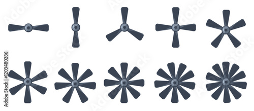 Plane propeller. Aircraft engine rotor blades, mechanical machine turbine fan, aviation transport equipment, flat isolated icons. Vector set