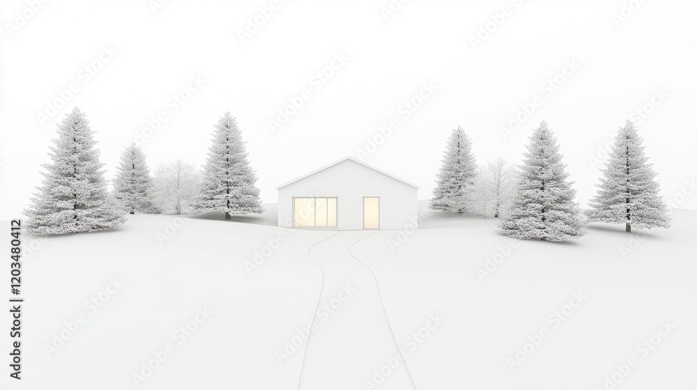Minimalist Winter Landscape with Snow-Covered Trees and Modern House Illuminated by Soft Interior Light Minimalist Winter Landscape with Snow-Covered Trees and Modern House Illuminated by Soft Interior Light