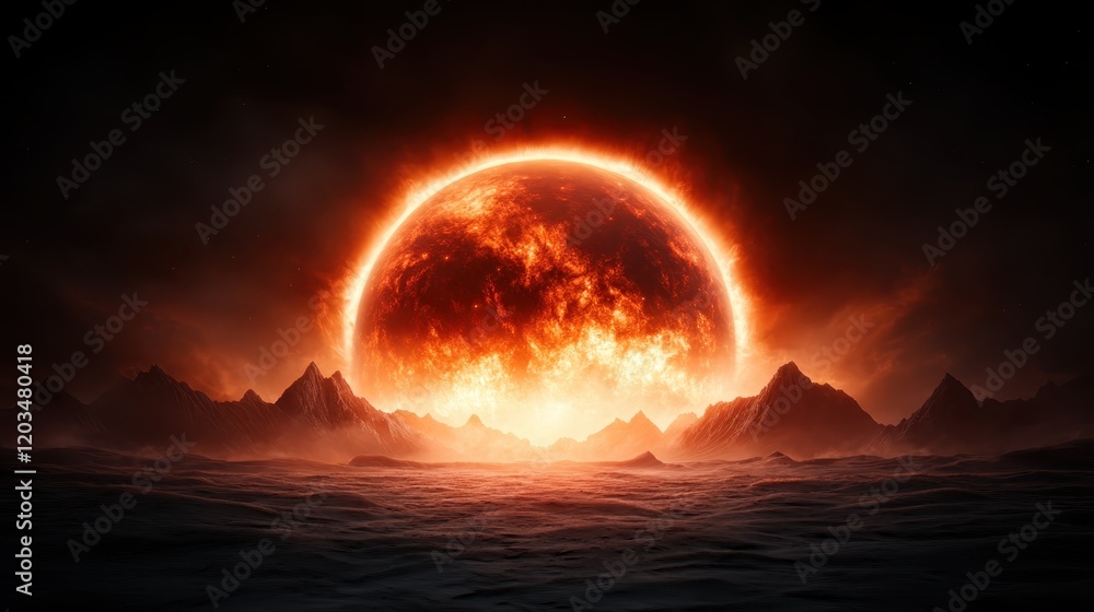 An explosive portrayal of a fiery celestial event occurring above mountain peaks, creating an intense ambiance and a sense of cosmic drama. An explosive portrayal of a fiery celestial event occurring above mountain peaks, creating an intense ambiance and a sense of cosmic drama.
